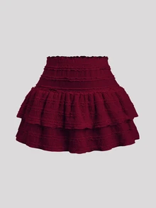 Sweetra Women Simple Solid Color Casual Ruffle Hem Skirt Y2K   Burgundy Mini Short Women - Burgundy - View 1