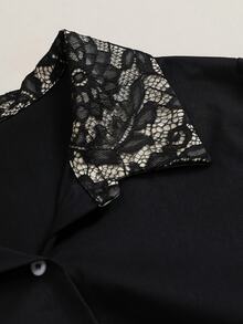 Cravure Plus Size Women's Autumn/Winter Lace Patchwork Contrast Color Elegant Commuter Casual Blouse Fall - Black - View 6