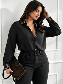 Cravure Plus Size Women's Autumn/Winter Lace Patchwork Contrast Color Elegant Commuter Casual Blouse Fall - Black - View 5