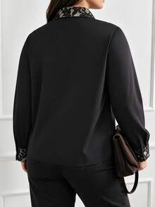 Cravure Plus Size Women's Autumn/Winter Lace Patchwork Contrast Color Elegant Commuter Casual Blouse Fall - Black - View 3