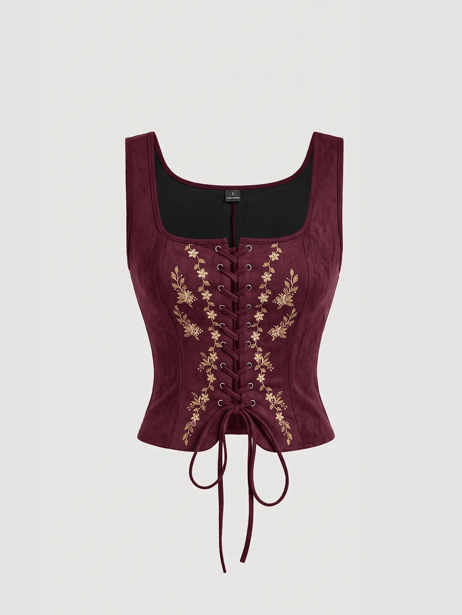 SHEIN MOD 女款人造麂皮刺繡花卉綁帶式束腰背心上衣,方領無袖背心,酒紅與金色,秋季,鄉村風,優雅復古,派對 - 酒紅色 - 查看 1