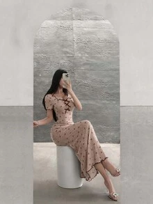 Feyla 優雅浪漫可愛女款粉色花卉貼身長洋裝，心形領口短袖，休閒日常夏季白天穿著 - 藕粉色 - 查看 3