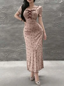 Feyla 優雅浪漫可愛女款粉色花卉貼身長洋裝，心形領口短袖，休閒日常夏季白天穿著 - 藕粉色 - 查看 8