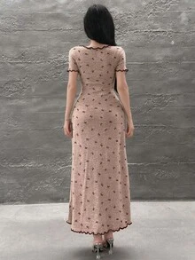 Feyla 優雅浪漫可愛女款粉色花卉貼身長洋裝，心形領口短袖，休閒日常夏季白天穿著 - 藕粉色 - 查看 2
