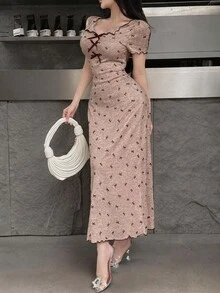 Feyla 優雅浪漫可愛女款粉色花卉貼身長洋裝，心形領口短袖，休閒日常夏季白天穿著 - 藕粉色 - 查看 5