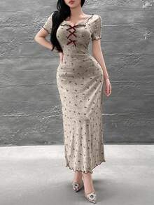 Feyla Vestido largo elegante con estampado de lazo para mujer, verano - Albaricoque - Ver 7