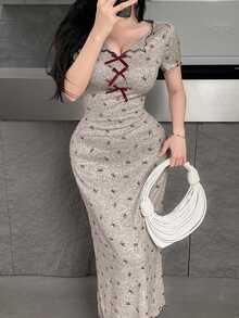Feyla Vestido largo elegante con estampado de lazo para mujer, verano - Albaricoque - Ver 5