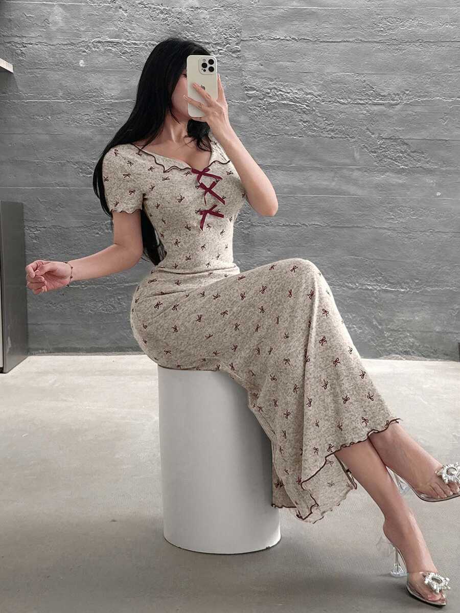 Feyla Vestido largo elegante con estampado de lazo para mujer, verano