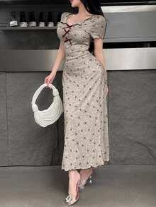 Feyla Vestido largo elegante con estampado de lazo para mujer, verano - Albaricoque - Ver 8