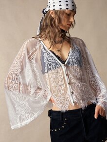 Bohemela Women's V-Neck Raglan Sleeve Single-Breasted Lace Blouse Beach White Fall Boho - White - View 7