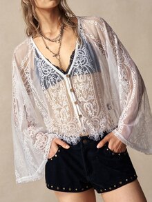 Bohemela Women's V-Neck Raglan Sleeve Single-Breasted Lace Blouse Beach White Fall Boho - White - View 6