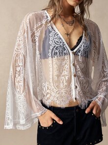 Bohemela Women's V-Neck Raglan Sleeve Single-Breasted Lace Blouse Beach White Fall Boho - White - View 3