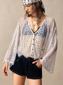 Bohemela Women's V-Neck Raglan Sleeve Single-Breasted Lace Blouse Beach White Fall Boho - White - View 4