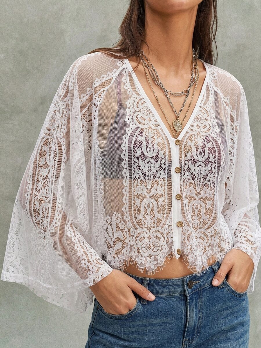 Bohemela Women's V-Neck Raglan Sleeve Single-Breasted Lace Blouse Beach White Fall Boho - White - View 1