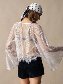 Bohemela Women's V-Neck Raglan Sleeve Single-Breasted Lace Blouse Beach White Fall Boho - White - View 5