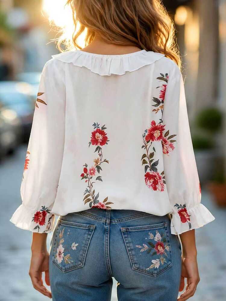 Velvienne Plus Size Romantic Boho Casual Deep V Lace Trim Floral Print Blouse Autumn Brunch Party All White - Red - View 2