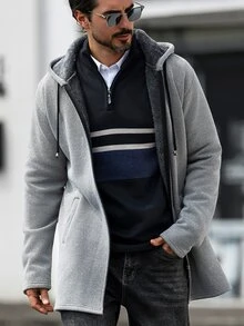 Manfinity Homme Men's Autumn/Winter Knitted Long Cardigan Sweater,Formal, Daily Wear, For Fall, Ceremony Style For Commuting - Light Grey - View 3
