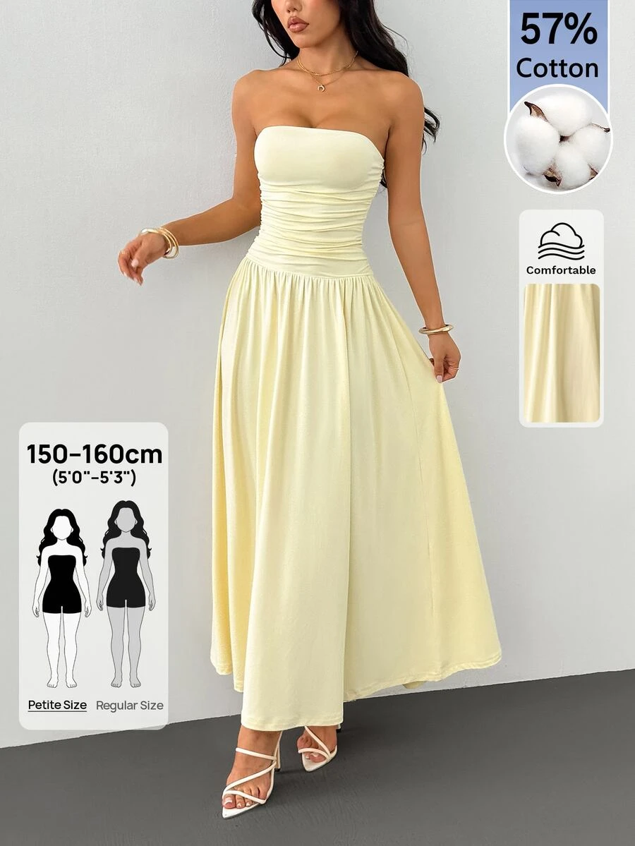 SHEIN PETITE Gaun Tanpa Lengan Elegan Berlipit Warna Polos untuk Wanita - Kuning - View 1