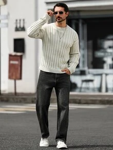 Marcello Vane 男士舒適街頭風羅紋長袖針織衫，老錢風 - 灰色 - 查看 3