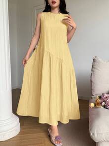Feyla Asymmetrical Loose Fit Comfortable Vacation Versatile Sleeveless Summer Dress - Light Yellow - View 4