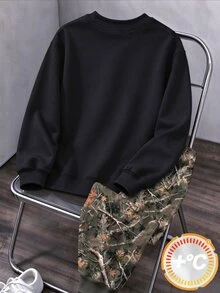 青少年男孩休閒簡約葉片剪影配弧形拼色小馬印花圓領衛衣與運動長褲2件套，適合秋冬戶外運動穿著 - 彩色 - 查看 2