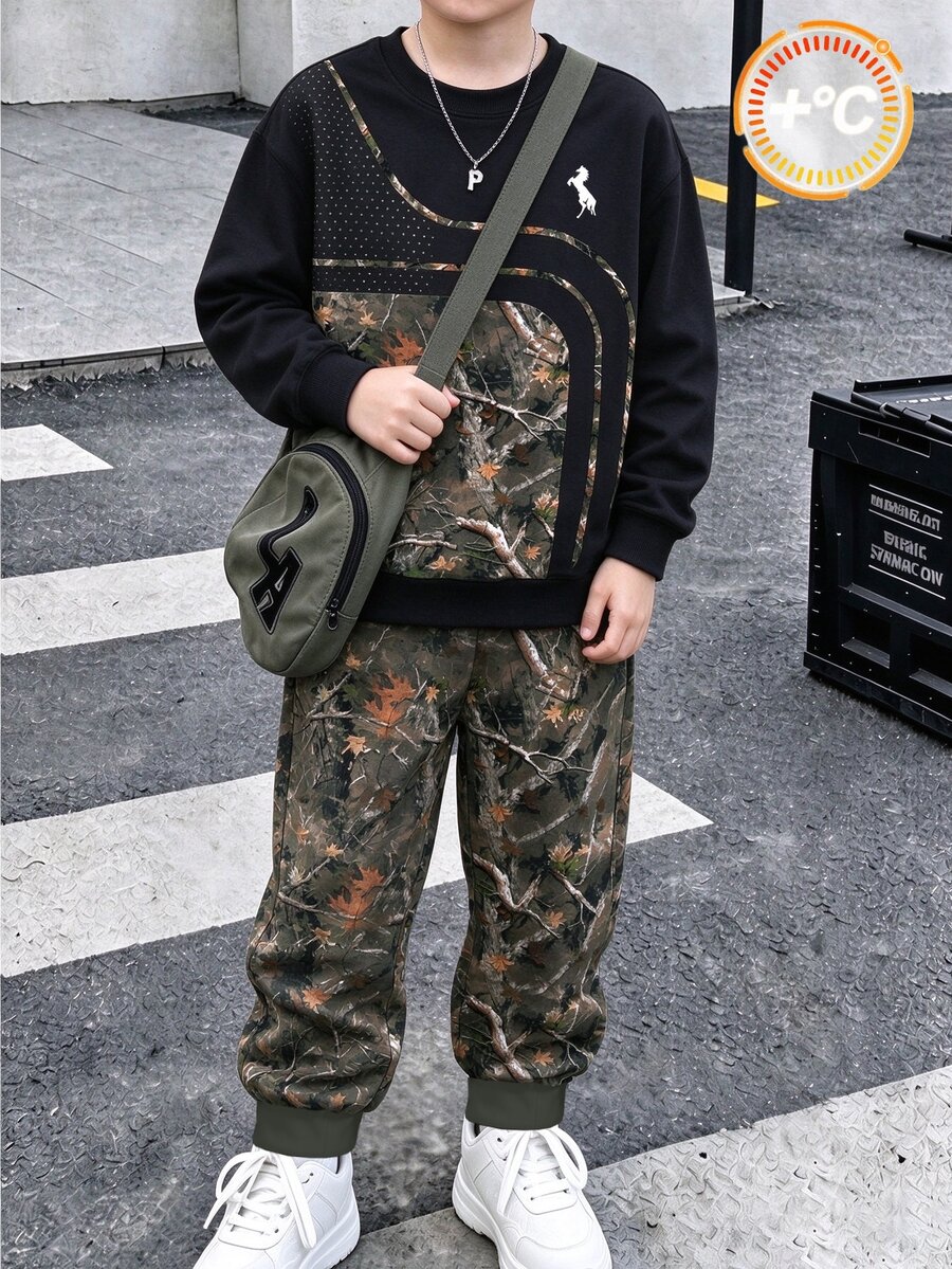 青少年男孩休閒簡約葉片剪影配弧形拼色小馬印花圓領衛衣與運動長褲2件套,適合秋冬戶外運動穿著 - 彩色 - 查看 1