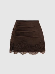 Sweetra Autumn/Winter Fashion New Maillard Brown Suede Slim Fit Hip-Covering Lace Patchwork Anti-Exposure Women's Short Skirt For Daily Wear - Brown - View 3
