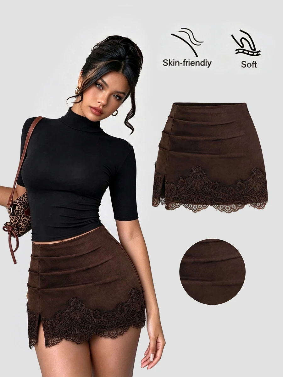 Sweetra Autumn/Winter Fashion New Maillard Brown Suede Slim Fit Hip-Covering Lace Patchwork Anti-Exposure Women's Short Skirt For Daily Wear - Brown - View 1