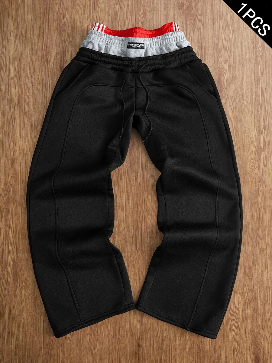 TOKVUE Ins TK Popular, Street Style, Three-Layer Waistband Sweatpants, Striped Sweatpants, Deconstructed Design, Comfortable To Wear, Suitable For Dai - Black - View 1