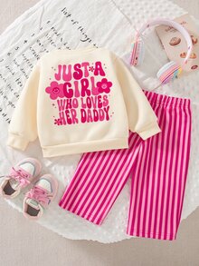 SHEIN 幼女運動衫長褲套裝 米色粉色條紋花卉字母圖案 長袖圓領 加厚 派對家庭秋季 Y2K 牛仔女郎風 假日寬鬆舒適毛絨 - 粉色 - 查看 6