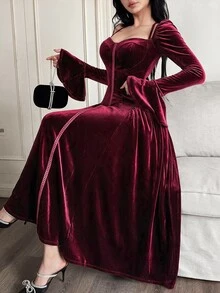 Feyla 女款優雅天鵝絨百褶時尚晚禮服 - 酒紅色 - 查看 4