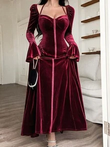 Feyla 女款優雅天鵝絨百褶時尚晚禮服 - 酒紅色 - 查看 7