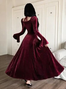 Feyla 女款優雅天鵝絨百褶時尚晚禮服 - 酒紅色 - 查看 6