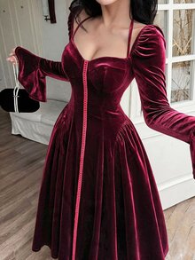 Feyla 女款優雅天鵝絨百褶時尚晚禮服 - 酒紅色 - 查看 2