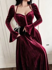 Feyla 女款優雅天鵝絨百褶時尚晚禮服 - 酒紅色 - 查看 5
