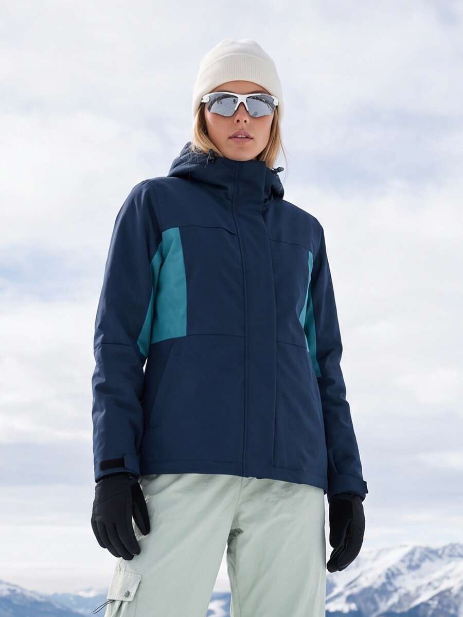 SHEIN BASICS Women's Autumn/Winter Outdoor Thermal Lined Colorblock Softshell Jacket - Navy Blue - View 1