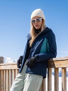 SHEIN BASICS Women's Autumn/Winter Outdoor Thermal Lined Colorblock Softshell Jacket - Navy Blue - View 3