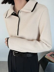 FRIFUL Women's Contrast Color Button Half Placket Long Sleeve Casual T-Shirt - Khaki - View 8