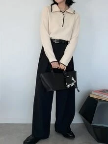 FRIFUL Women's Contrast Color Button Half Placket Long Sleeve Casual T-Shirt - Khaki - View 7