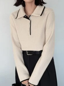 FRIFUL Women's Contrast Color Button Half Placket Long Sleeve Casual T-Shirt - Khaki - View 3