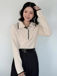 FRIFUL Women's Contrast Color Button Half Placket Long Sleeve Casual T-Shirt - Khaki - View 2