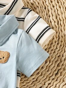 SHEIN 男嬰 2件組短袖 Polo 連身衣套裝，熊貼布條紋與素色連身褲，聖誕假期休閒日常穿搭 - 藍色 - 查看 6