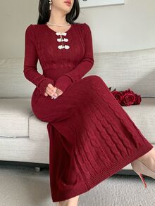 Feyla Women's Vintage Fashion Frog Button Sweater Dress - Burgundy - View 6