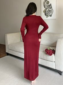 Feyla Women's Vintage Fashion Frog Button Sweater Dress - Burgundy - View 2
