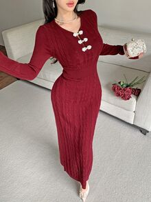 Feyla Women's Vintage Fashion Frog Button Sweater Dress - Burgundy - View 5