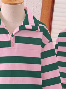 SHEIN 少女時尚簡約拼接條紋印花領口拉鍊開衩設計落肩長袖運動衫，柔軟面料，活力青春風格，適合返校、外出，秋冬穿著 - 彩色 - 查看 6