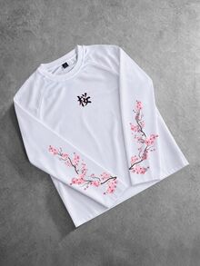Manfinity Hypemode Men's Cherry Blossom Print Crew Neck Raglan Long Sleeve Casual T-Shirt - White - View 3