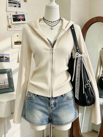 Collagica Collagica Top de mujer de invierno vintage preppy para uso diario y salidas, estilo streetwear, color blanco crema, con cremallera, capucha y textura acanalada, otoño, invierno