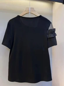 Calvaya 女款優雅荷葉邊飾網紗拼接短袖上衣，黑色夏季休閒時尚荷葉邊透視T恤，優雅用餐工作聚會大尺碼上衣 - 黑色 - 查看 2