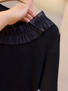 Calvaya 女款優雅荷葉邊飾網紗拼接短袖上衣，黑色夏季休閒時尚荷葉邊透視T恤，優雅用餐工作聚會大尺碼上衣 - 黑色 - 查看 6